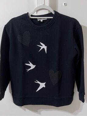 McQ by Alexander McQueen Black Crewneck Sweater with Swallow and Heart Appliqués